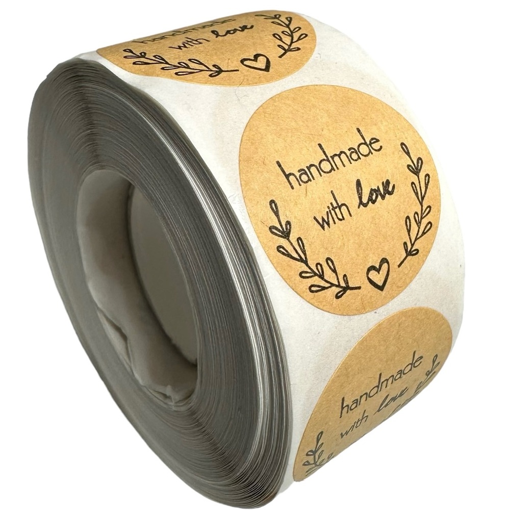 B2 Stickers 1" Handmade with Love 500ct Round Kraft Labels